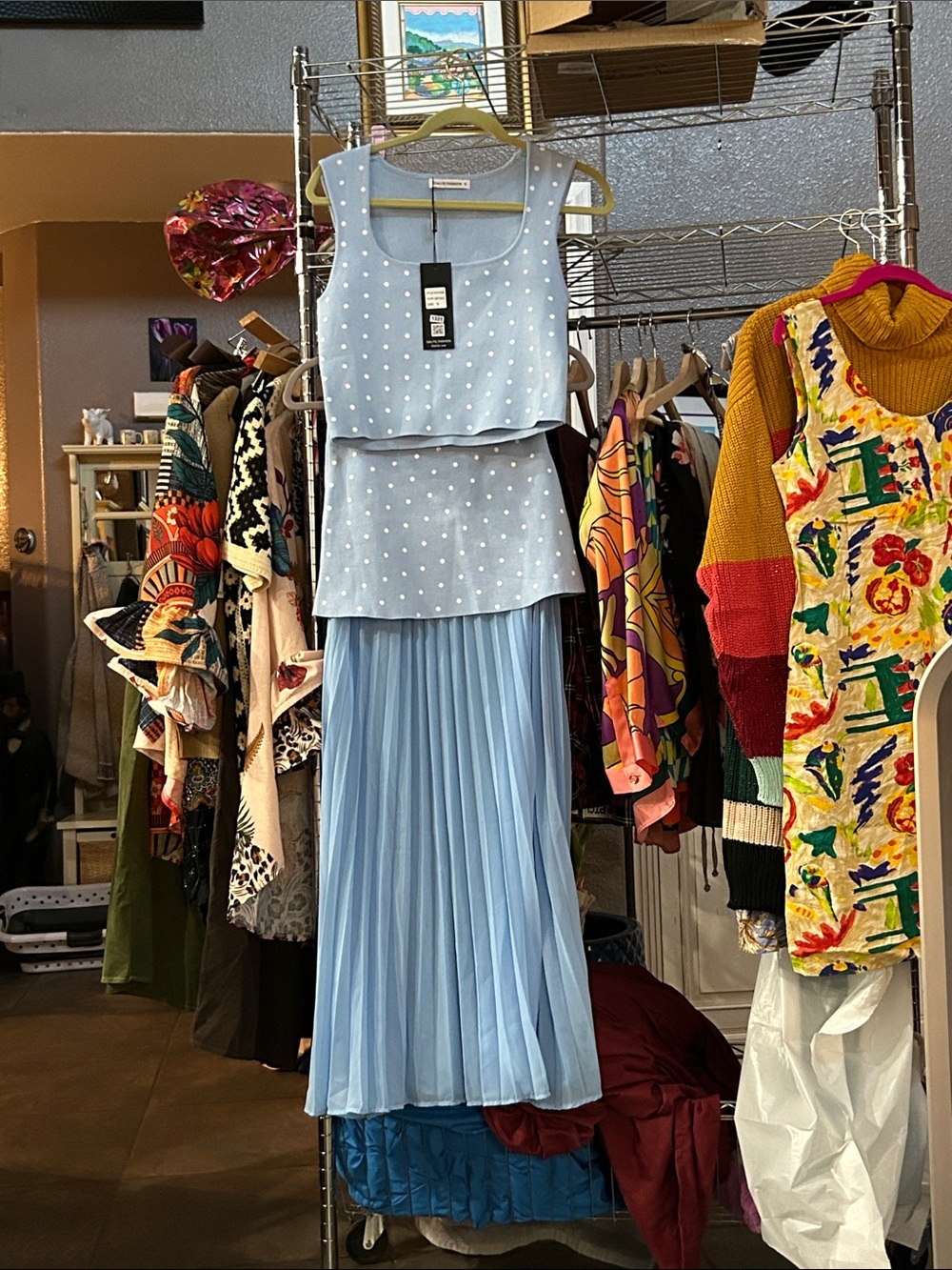 Galita Fashion Light Blue Polka Dot Top & Pleated Midi Skirt Set — NWT — Size Sm